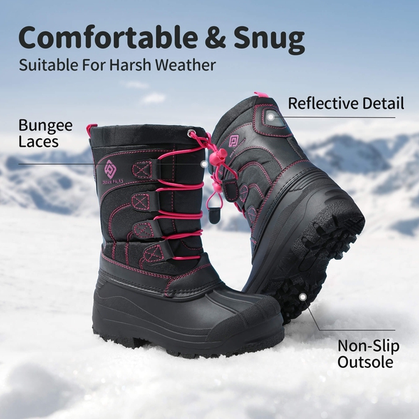 Kids Waterproof Shell Bottom Snow Boots - BLACK FUCHSIA - 4